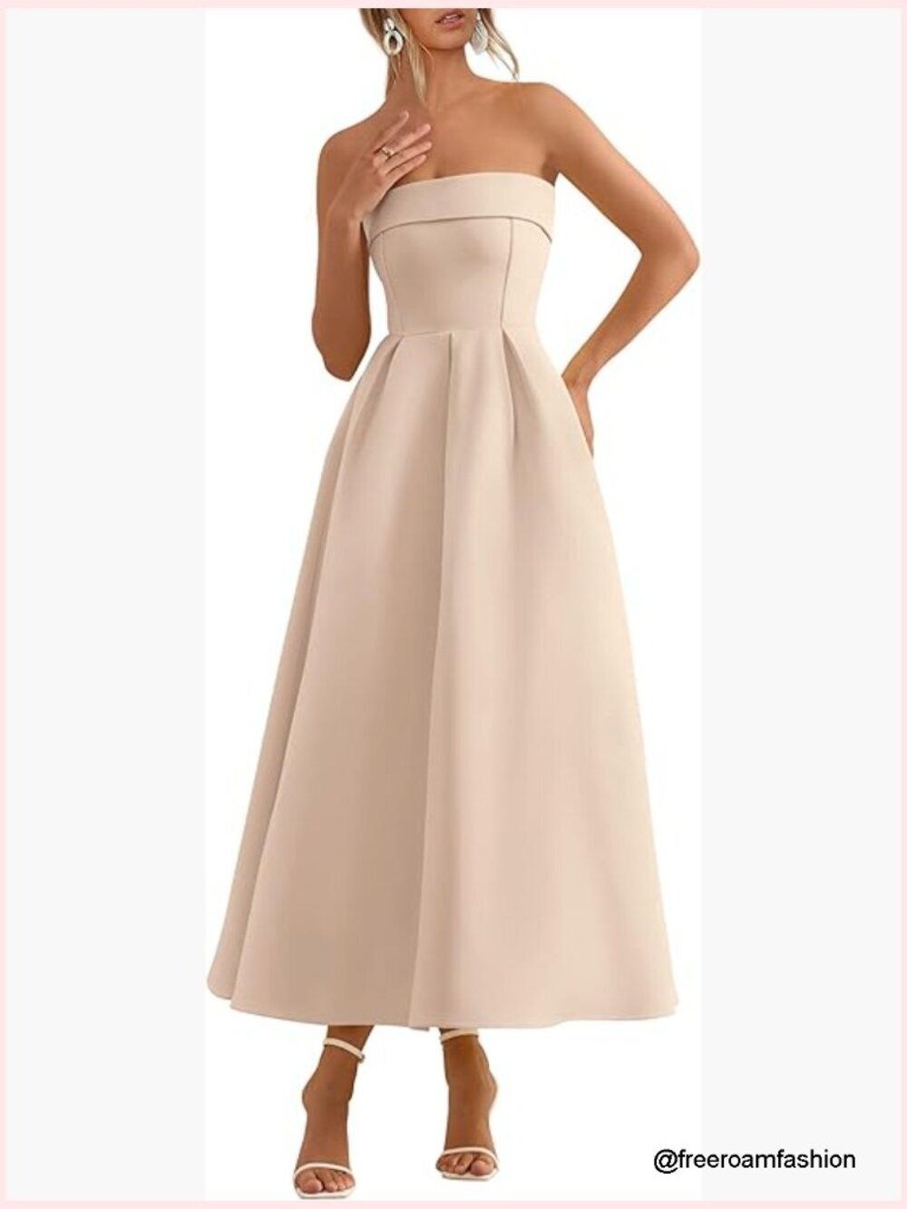 Strapless Tube Top Midi Dress for Wedding Guest Cocktail Party Formal